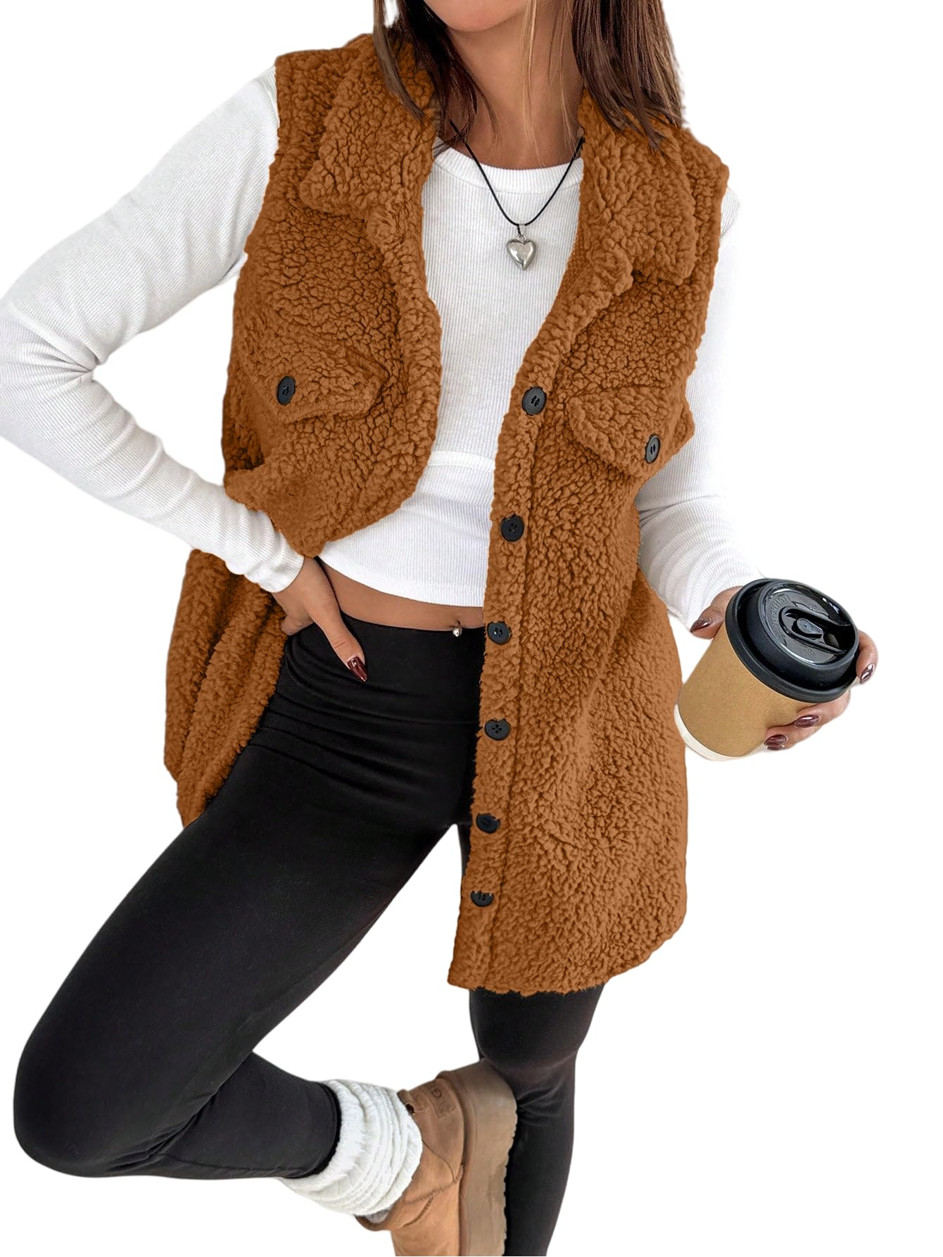 Women's Fleece Sherpa Vest Trendy Long Vests Sleeveless Jacket Oversized Trendy Button Down In Fall And Winter, Camel Brown, Medium-picture-23