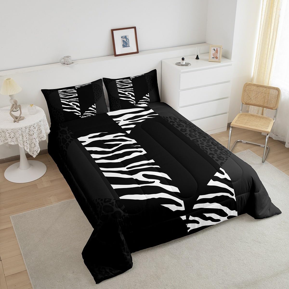 Leopard Zebra Skin Comforter Set,Black White Geometric Striped Patchwork Love Bedding Set for Girls Women Adult Room Decor,Wild Animal Fur Quilt Set Romantic Couple Duvet Insert Queen Size