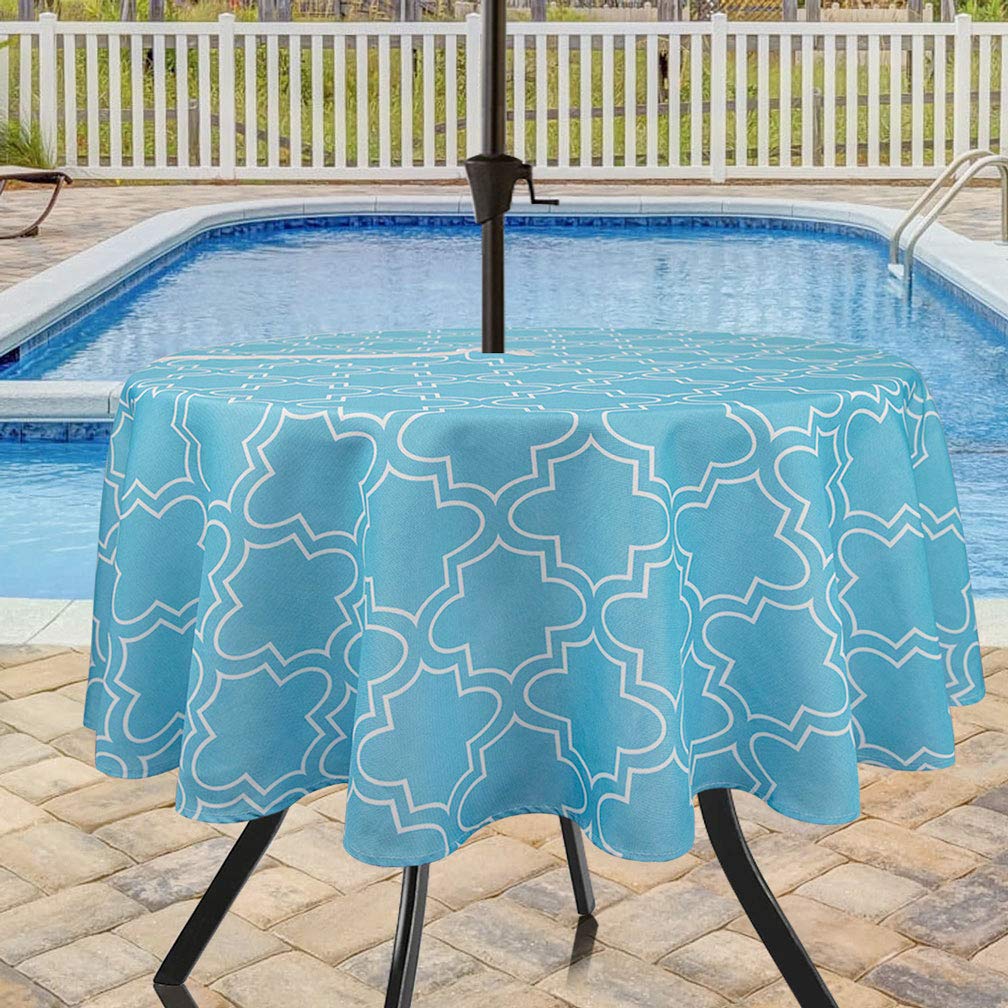 Eforcurtain Geometric Floral Print Umbrella Tablecloths with Zipper for Outdoor Use for Round Tables Tables Durable Waterproof Fabric Table Cover, 60 Inch, Blue and White