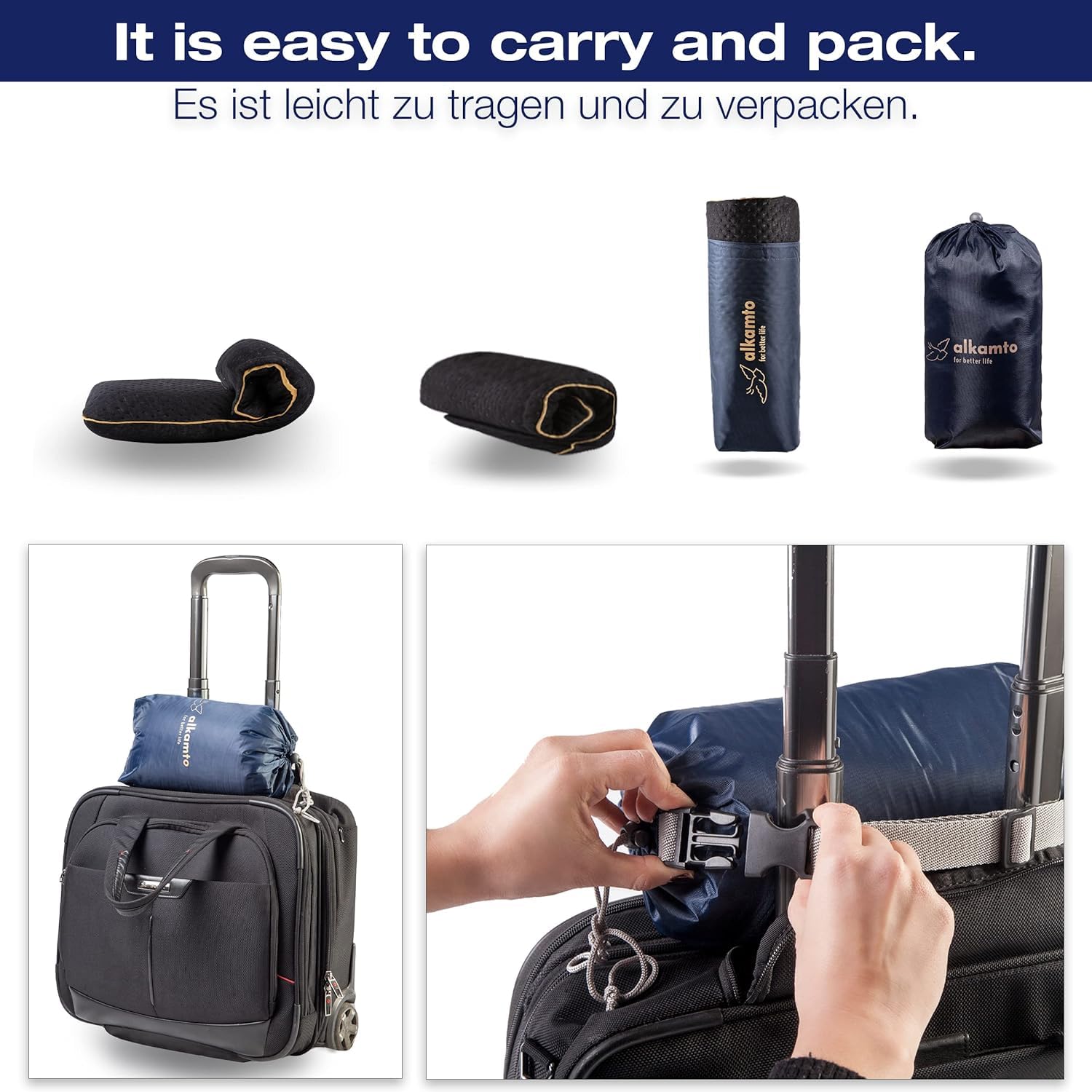 alkamto Cuscino da viaggio – Supporto ergonomico per il collo da campeggio in memory foam con federa termoregolante – Borsa da viaggio impermeabile inclusa (Nero)