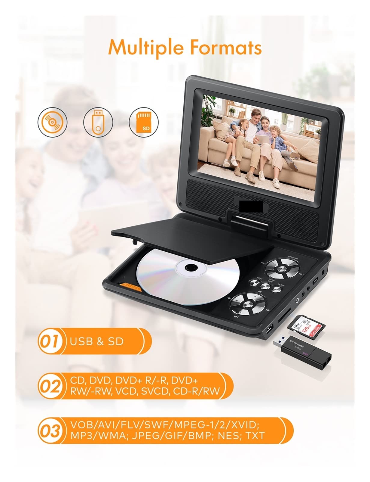 PV770 9,5 '' Portable DVD Joueur avec 7,5 '' HD Écran pivotant,Compatible avec La Plupart des Appareils