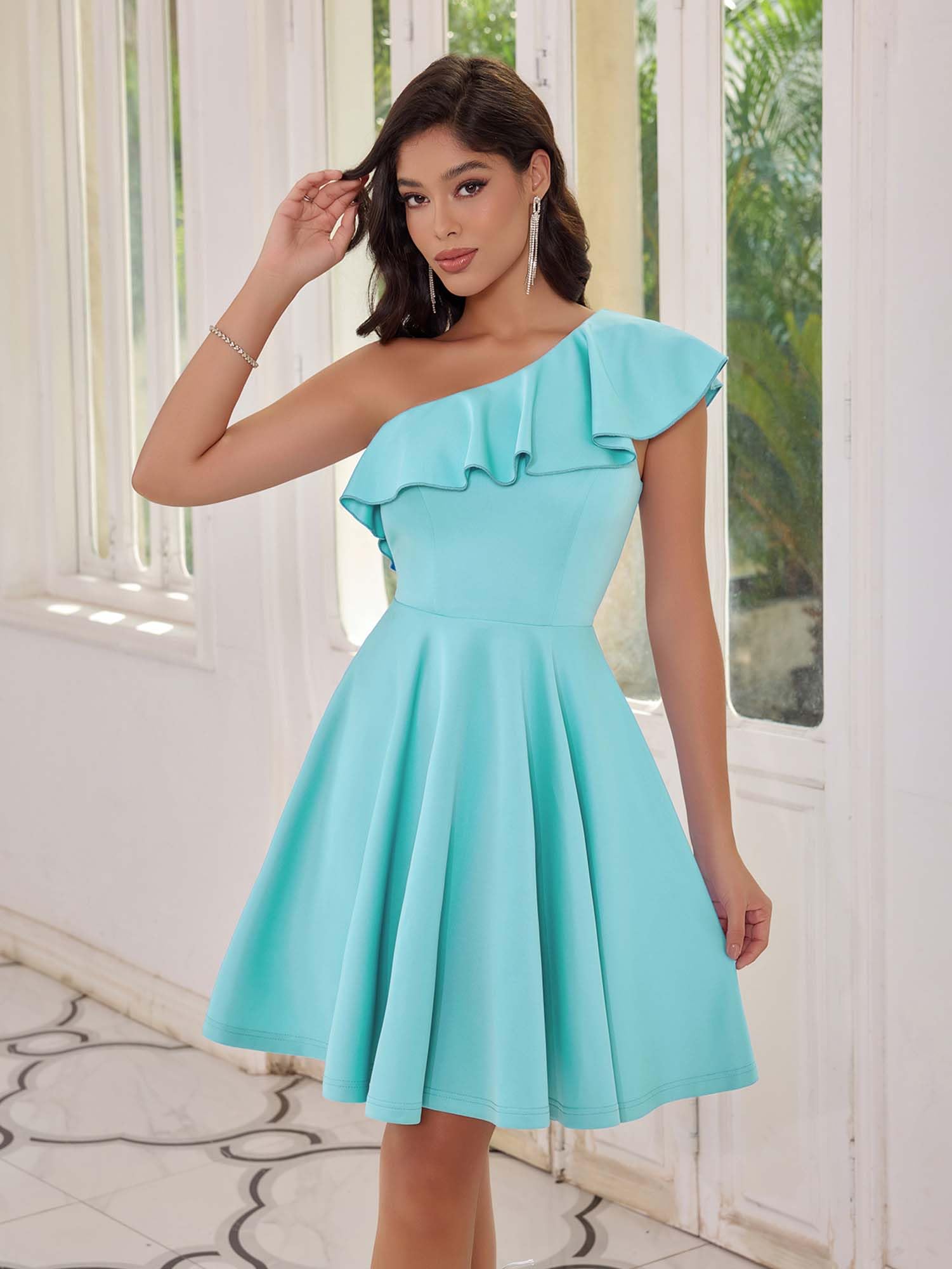 ANGEL FASHIONS Elegante abito da cocktail blu chiaro monospalla per le donne Midi Formale A-line Dress Ruffles Wedding Guest Dress