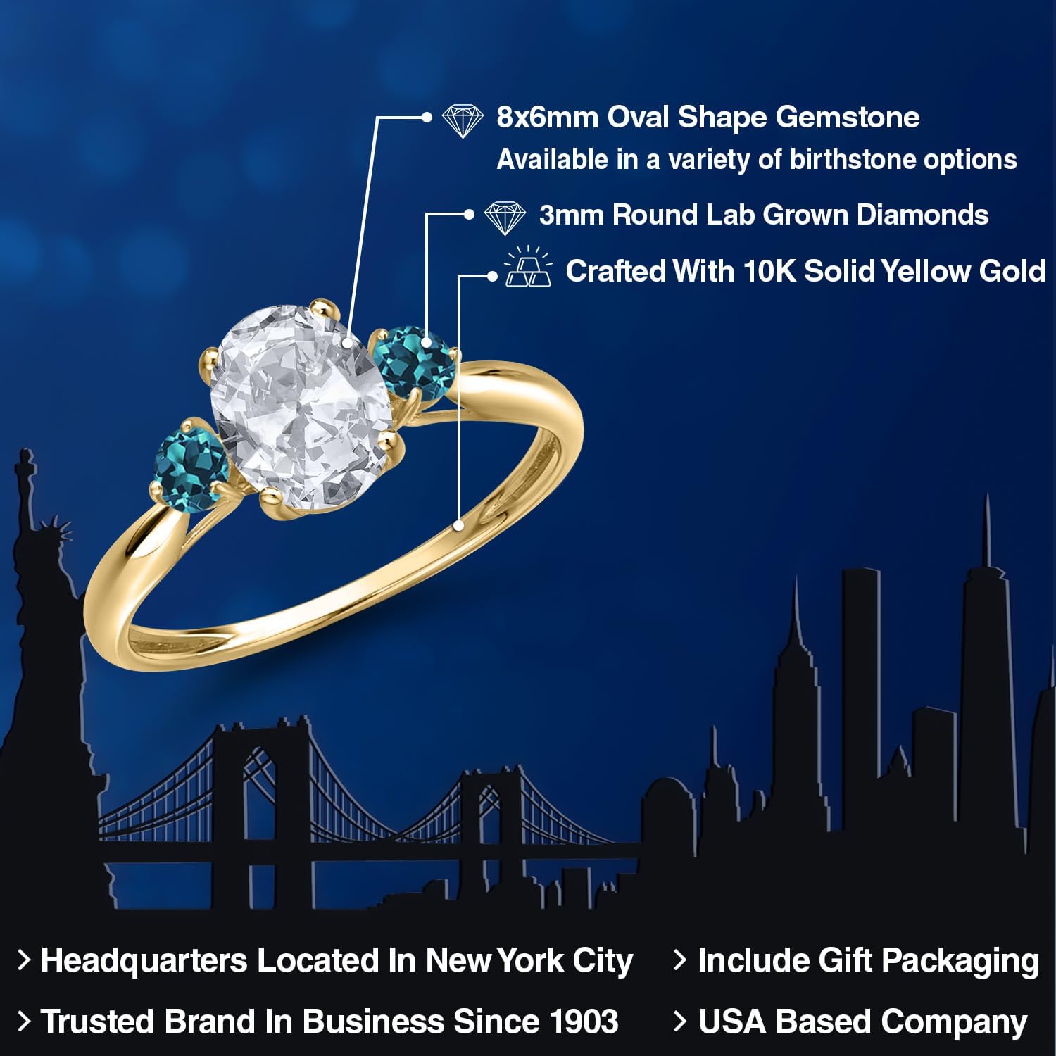 Gem Stone King 10K Yellow Gold White Topaz and London Blue Topaz 3-Stone Ring For Women | 1.76 Cttw | Oval 8X6MM | Gemstone November Birthstone - Image 2