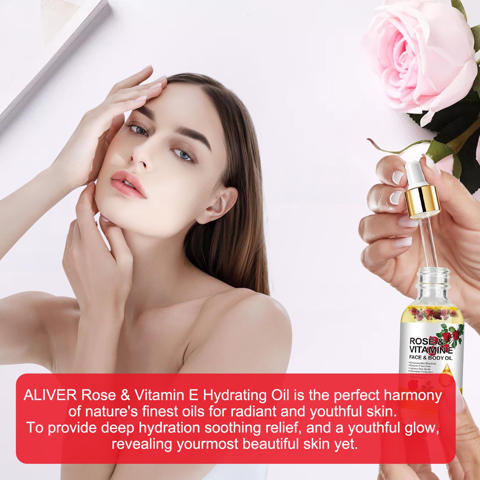 Rose Vitamin E Oil for Skin,Rose Essential Oil,Rose Oil for Skin,with a Massage Board,Deeply Nourishes Soothing,Improves Skin Elasticity,for a Variety of Skin Types(60ml) - Image 3