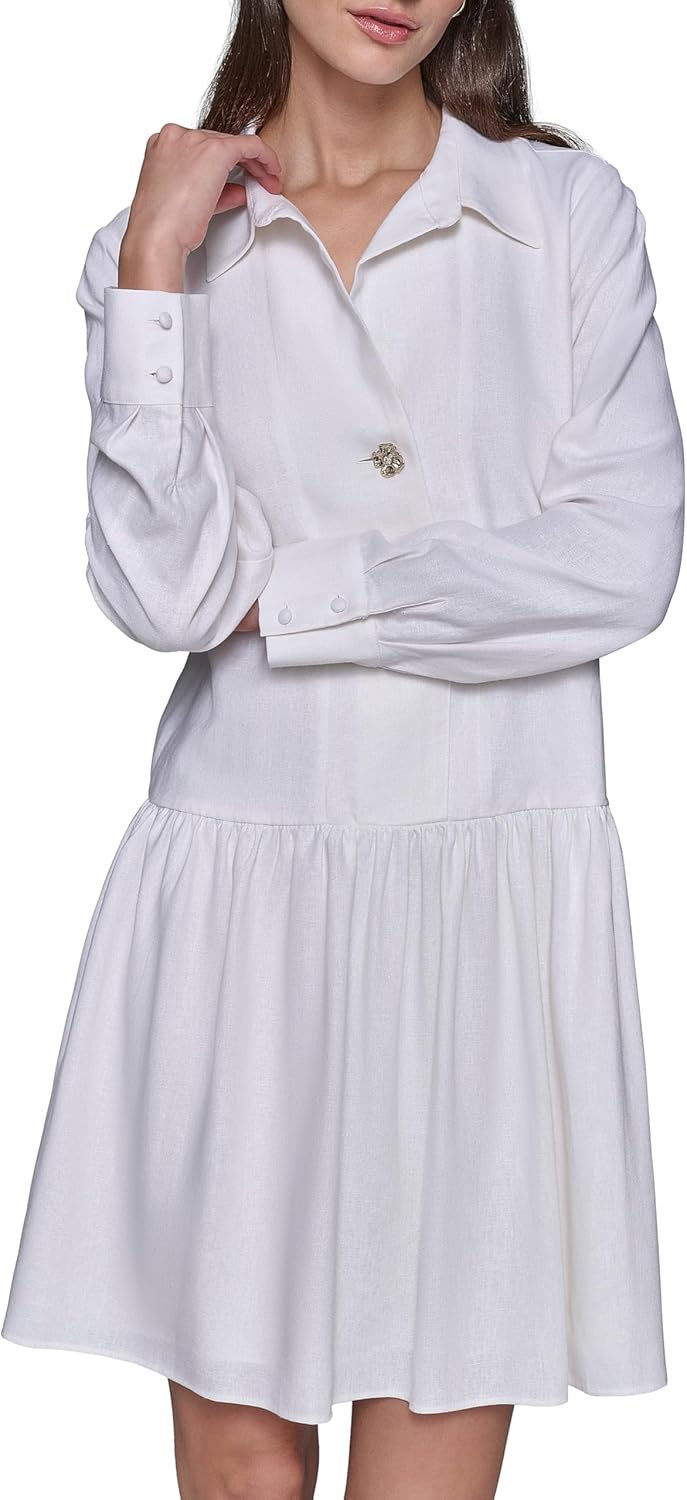 Karl Lagerfeld Womens Gathered Flounce Linen Longer Sleeved Shirt Dress