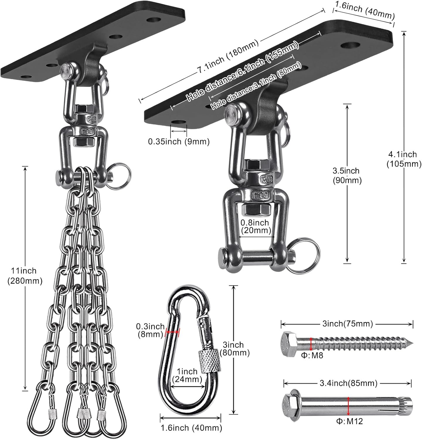 SELEWARE 360° Rotation Heavy Bag Hanger, 1000LB Capacity Punching Bag Ceiling & Beam Mount with Stainless Steel Chain & Snap Hooks for Boxing, MMA, Muay Thai, Home Gym