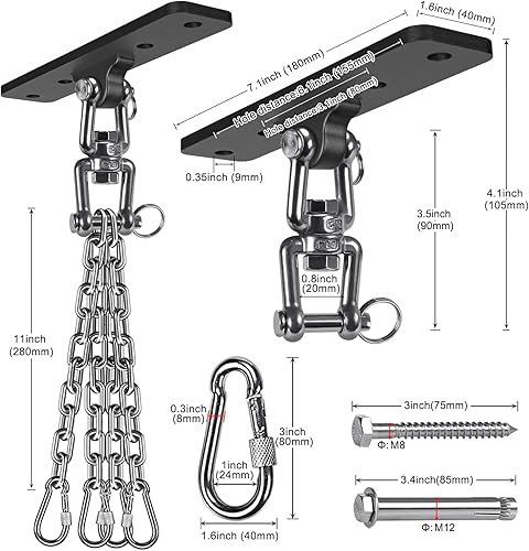 Miniatura 6 de SELEWARE Percha de bolsa pesada de rotación de 360, capacidad de 1000 libras, montaje en techo y vigas con cadena de acero inoxidable y ganchos a