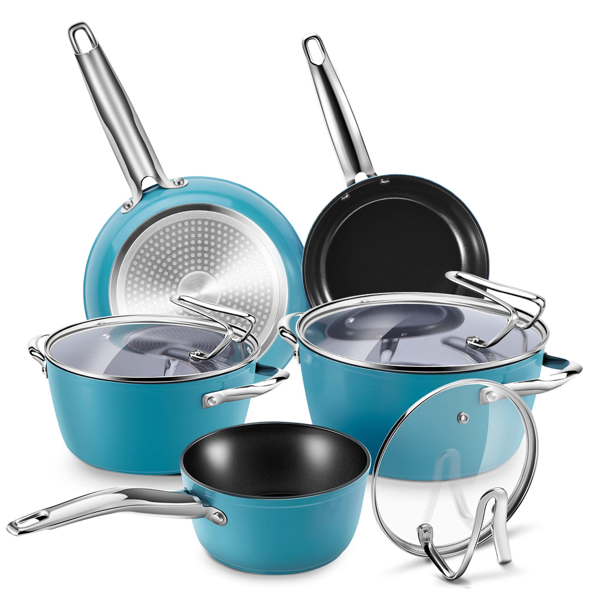 REDMOND Nonstick Cookware Set, 8 Piece Ceramic Aluminum Pans and Pots Set with Glass Lid and Stay Cool Handle for Stovetop...