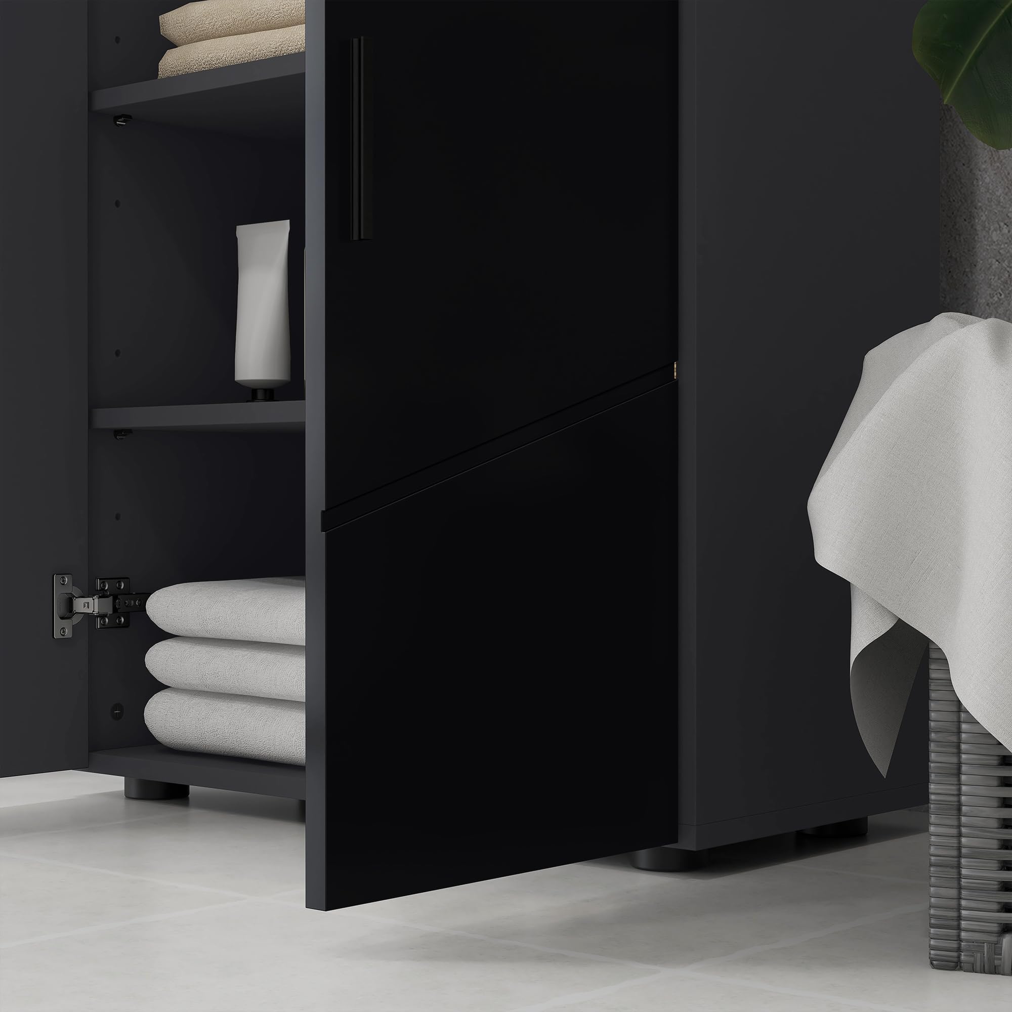 kleankin Mobile Bagno Salvaspazio in Legno 2 Ante 60x30x82cm Nero Lucido | Armadietto Bagno, Chiusura Soft Close, 3 Ripiani