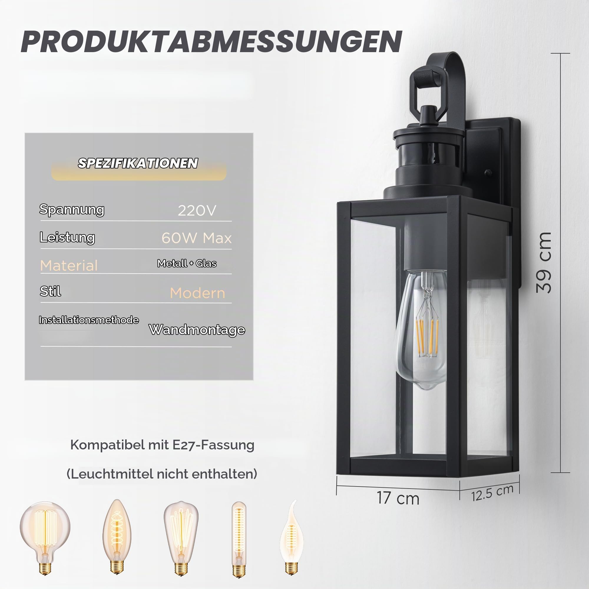 FTL Wandlampe Laterne Aussen mit Bewegungsmelder, 3 Beleuchtungsmodi Aussenlampe mit Bewegungsmelder, E27 Außenwandleuchten, Mattschwarz Ausenbeleutung Hauswand für Veranda, Eingang, IP44 Wasserdichte