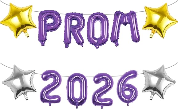Prom 2026 Balloons Decorations, 16 Inch Foil Letter Number Balloons with 18 Inch Silver Purple Star Balloons for High School College Graduation Gift Retirement Ins Photo Party Supplies