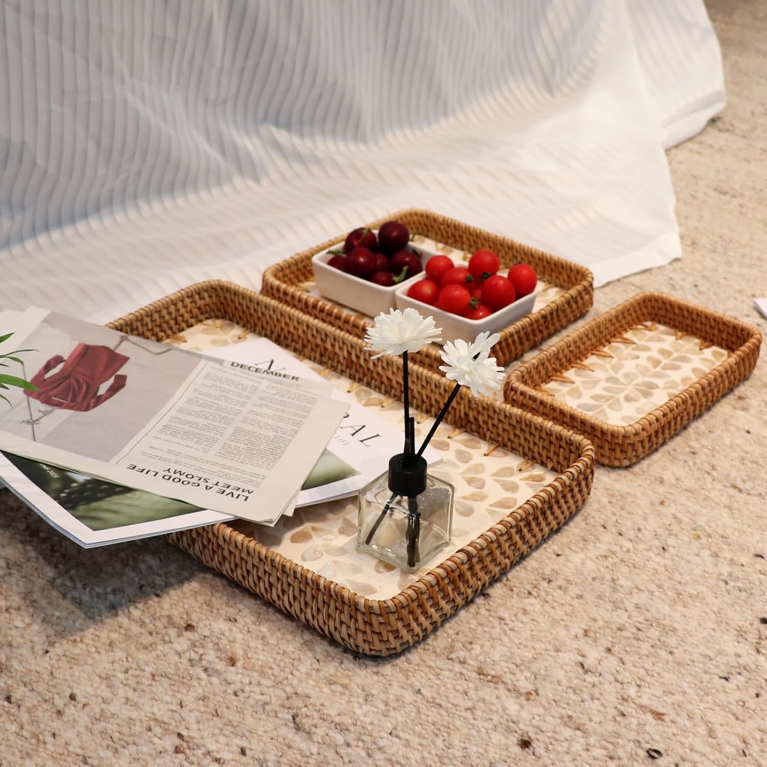 Rectangle Rattan Tray with Mother of Pearl Inlay, Handmade Wicker Fruit/Bread/Coffee Serving Basket for Party Picnic Table Kitchen Home Boho Decor 3 Sizes (Wicker White) - Image 6