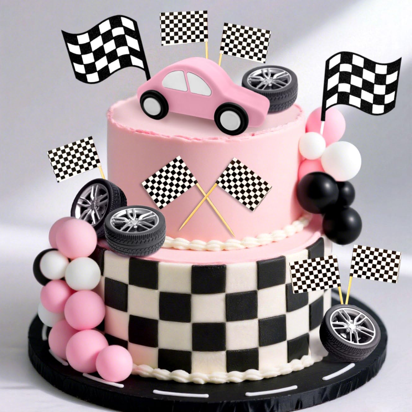 JeVenis Race Car Cake Decorations Car Cake Topper Checkered Flag Cake Topper Growing Up Two Fast Birthday Decor Fast One Fast Three Need Four Speed Birthday Decorations — image 1