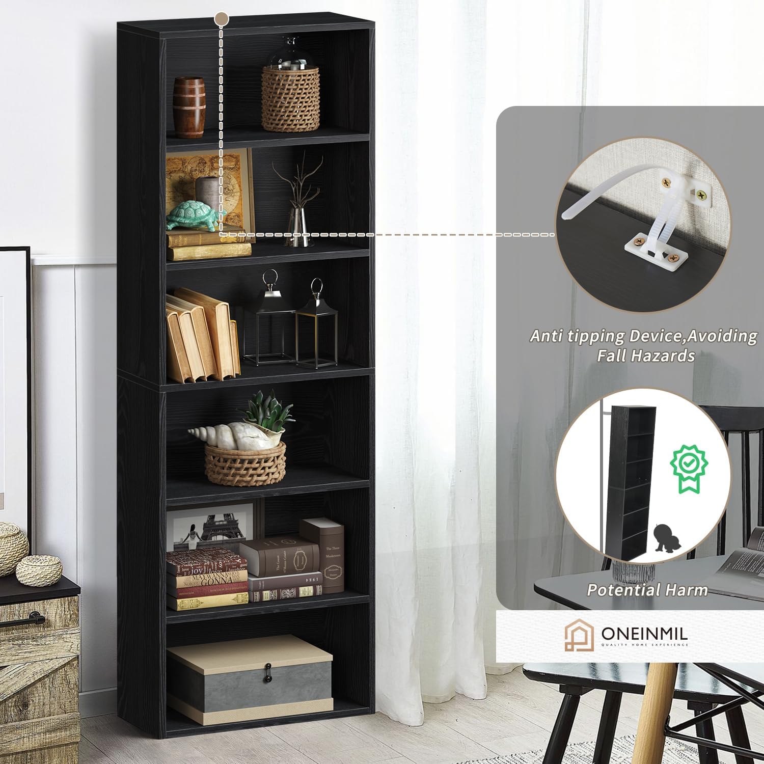 oneinmil Bookcase and Bookshelf, Floor Standing 6-Tier High Bookshelf, Display Storage Rack, Home Decorative Furniture, Suitable for Home Offices, Living Rooms, and Bedrooms,Black