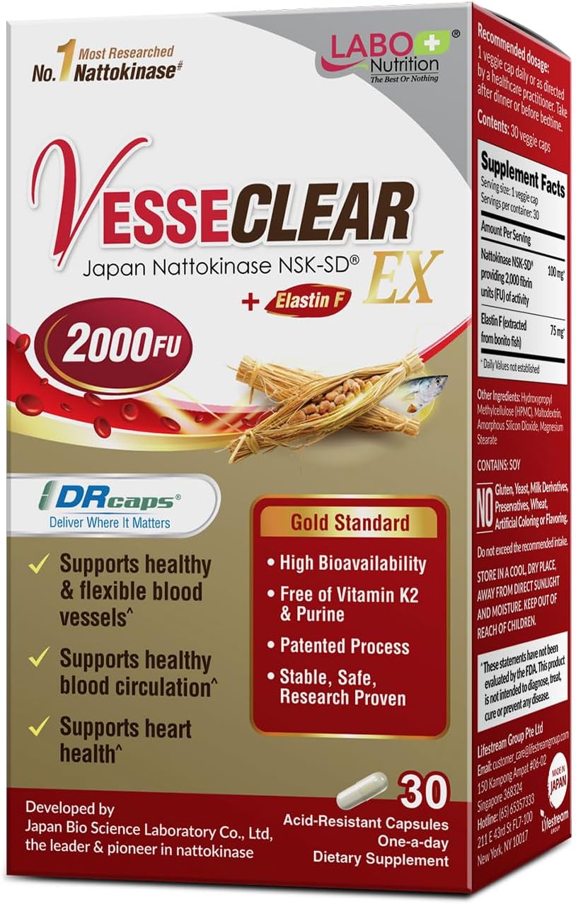 LABO Nutrition VesseCLEAR EX: Nattokinase NSK-SD+Elastin F for Clean & Flexible Blood Vessel. Japan's Most Clinically Studied, Functional Dose
