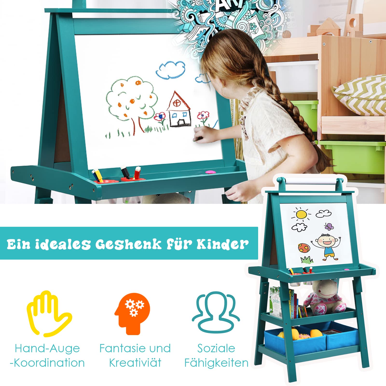 DREAMADE doppelseitige Kinder Staffelei aus Holz, Kinderstaffelei mit Ablage, Kindertafel mit Papierrolle Whiteboard und Kreidetafel, inkl. 2 Stoffboxen (Grün)
