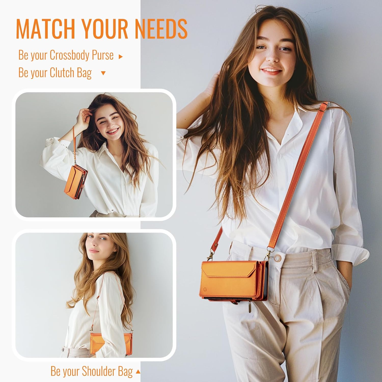 Strapurs for iPhone 17 - Zipper Strap Wallet Case for Women, Orange