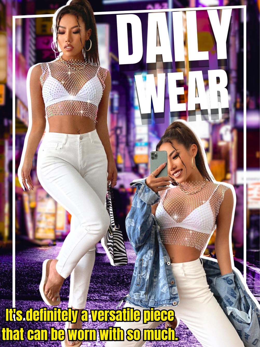 Iridescent Rhinestone Crop Top, Rave Concert Festival Outfits Women, Sexy Sparkly Fishnet Tanks, Sheer Mesh Shirt - Image 5