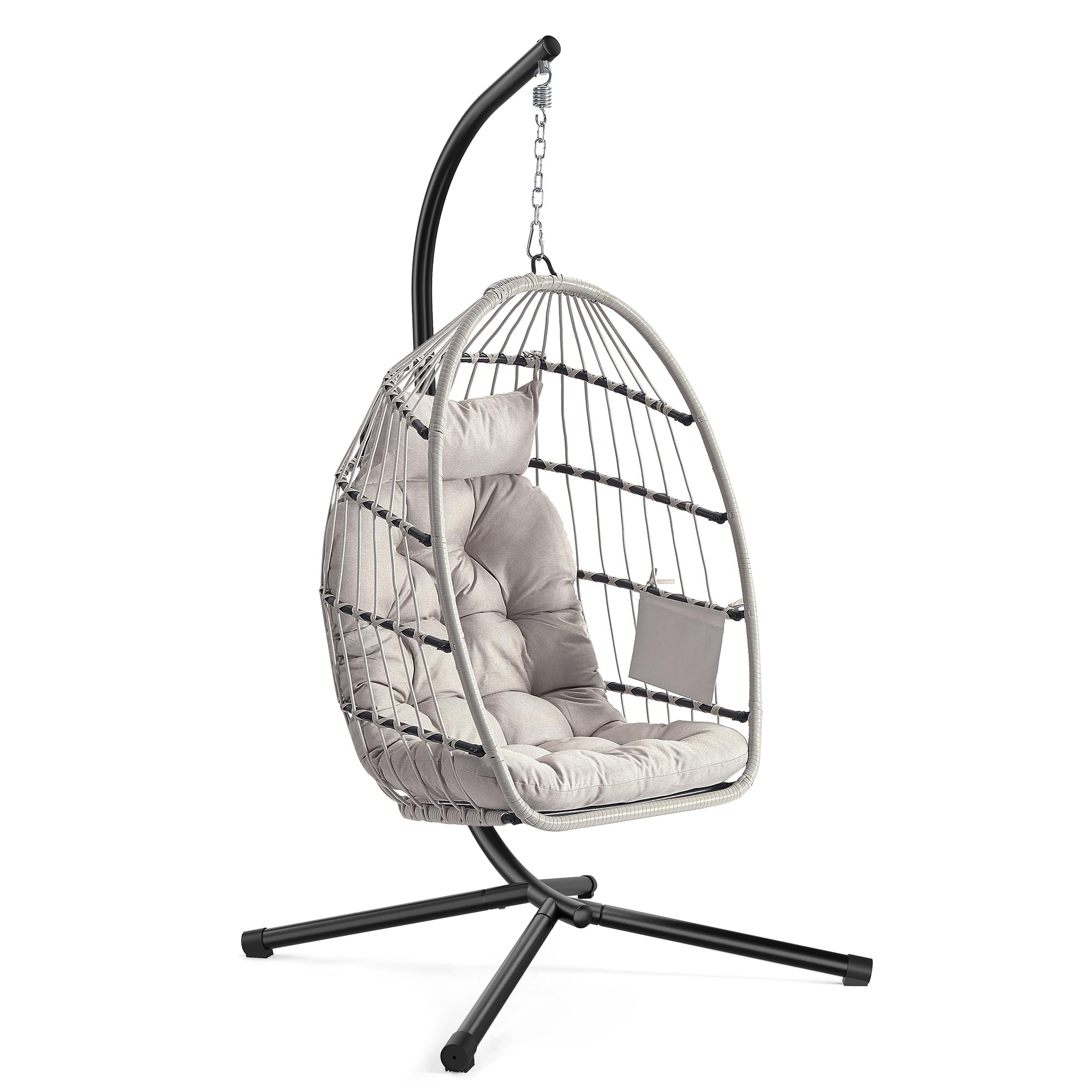 SONGMICS Silla Colgante de Exterior, Cesta Plegable, Sillón Hamaca Tipo Huevo, Altura Ajustable, Bolsillo Lateral, Asiento Acolchado, para Sala de Estar, Jardín y Balcón, Blanco GDC050WZ01