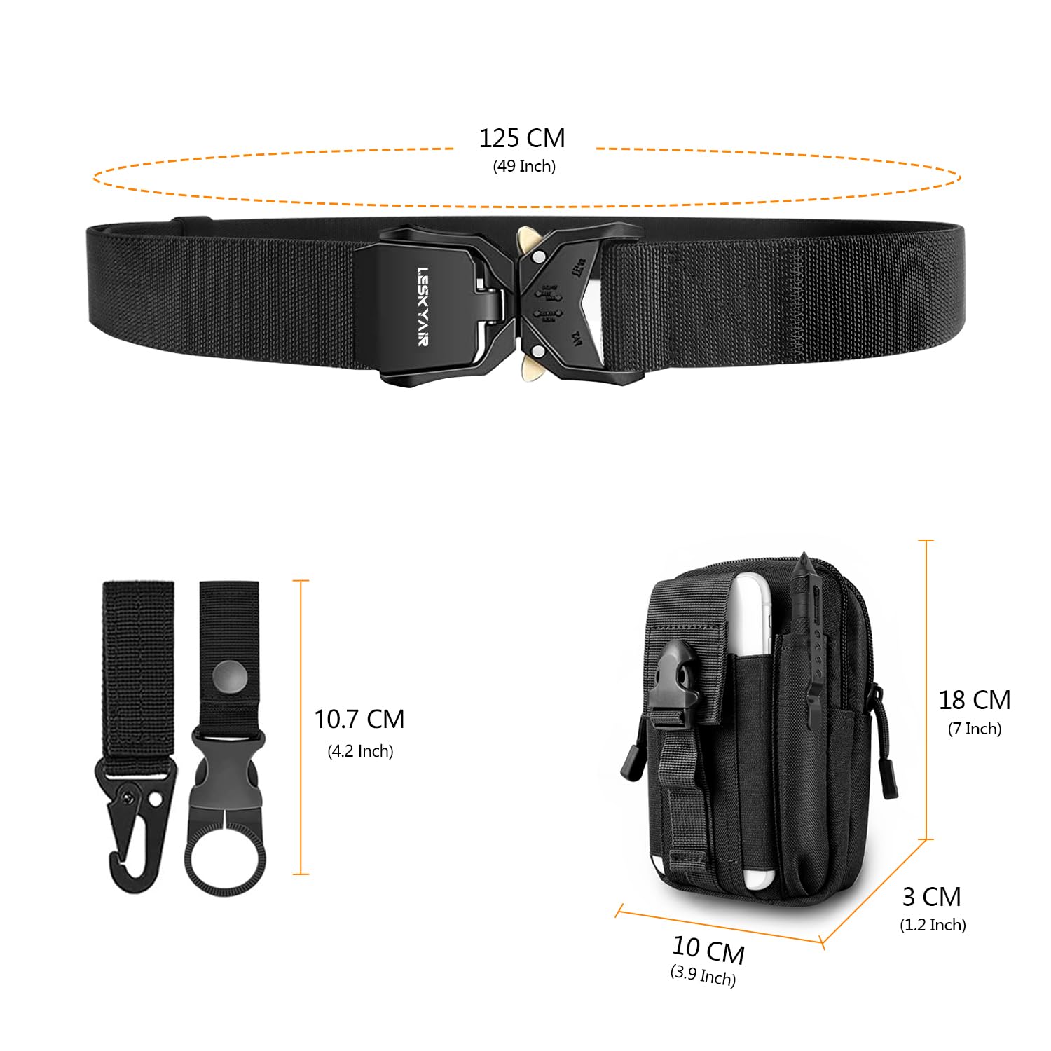 2er Herren Taktischer Gürtel, Arbeitsgürtel Hochleistungsgürtel, Gürtel Militär Wandern 3,8cm Breite, Geschenk mit Molle Beutel und Wasserflaschenclip Haken