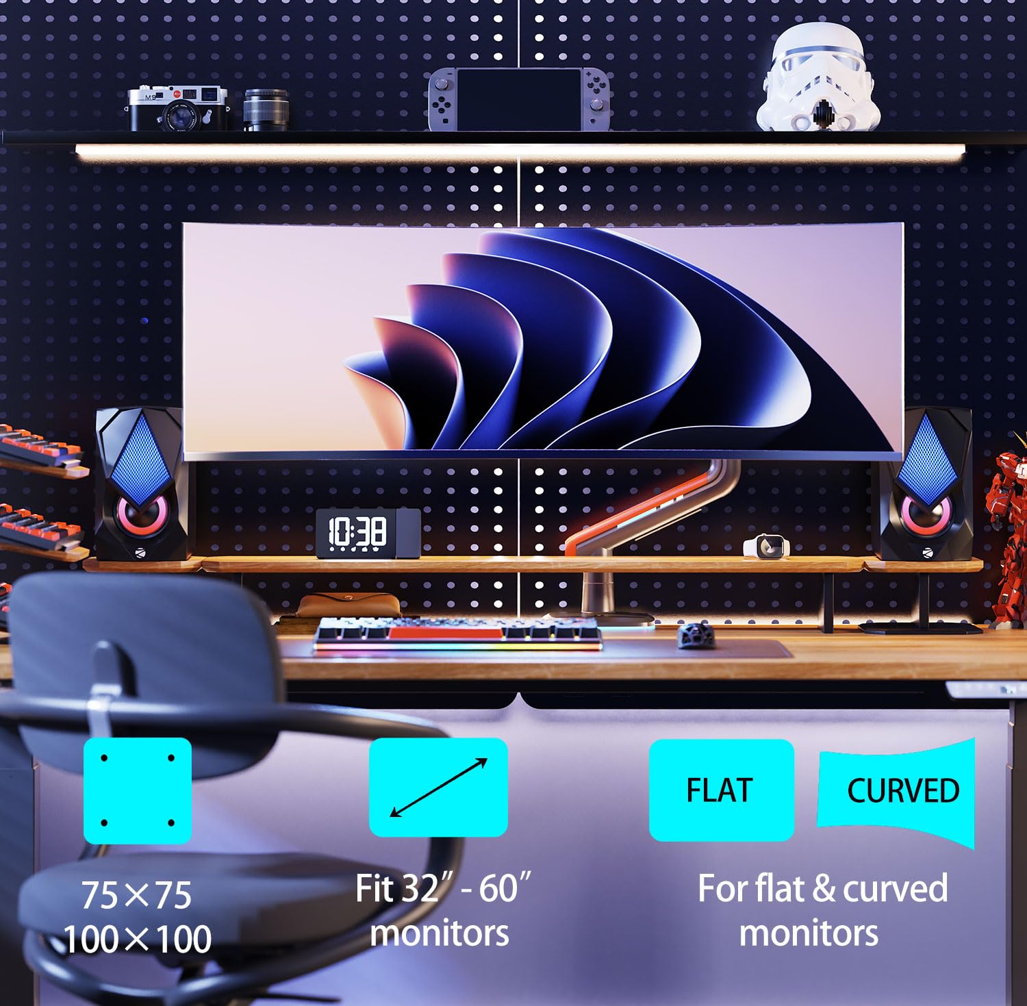 NB Ergonomic RGB Braccio Monitor per da 32 a 60 Pollici Schermo Piatti Ultrawide Curvi, Supporto per Monitor Resistente Carico fino a 20 kg VESA 75&100 mm (Rosso)
