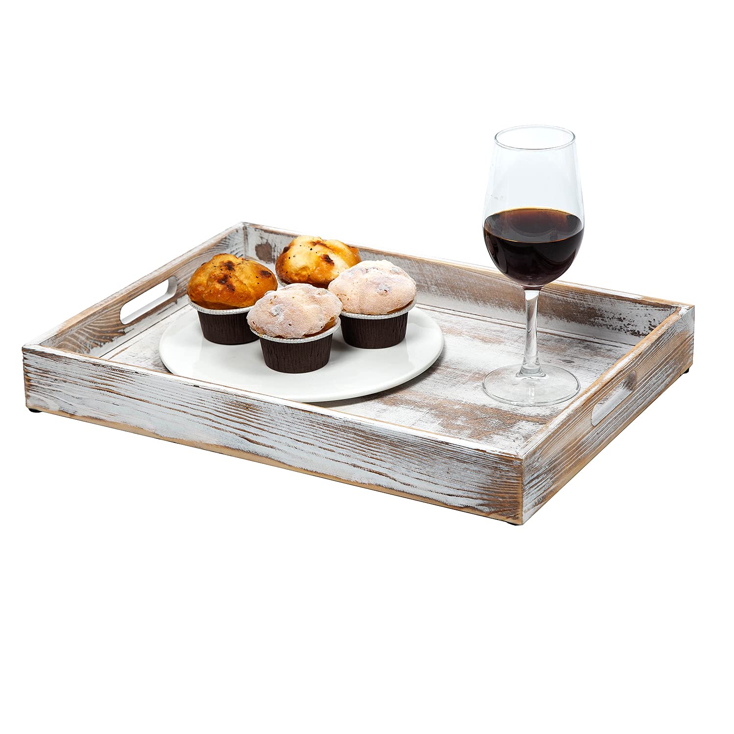 Rustic Distressed Wood Food Breakfast Serving Tray Octagon Serving Tray in Bed with Cutout Carrying Handles Coffee Office Desktop Document Holder Home Kitchen (Washed White)