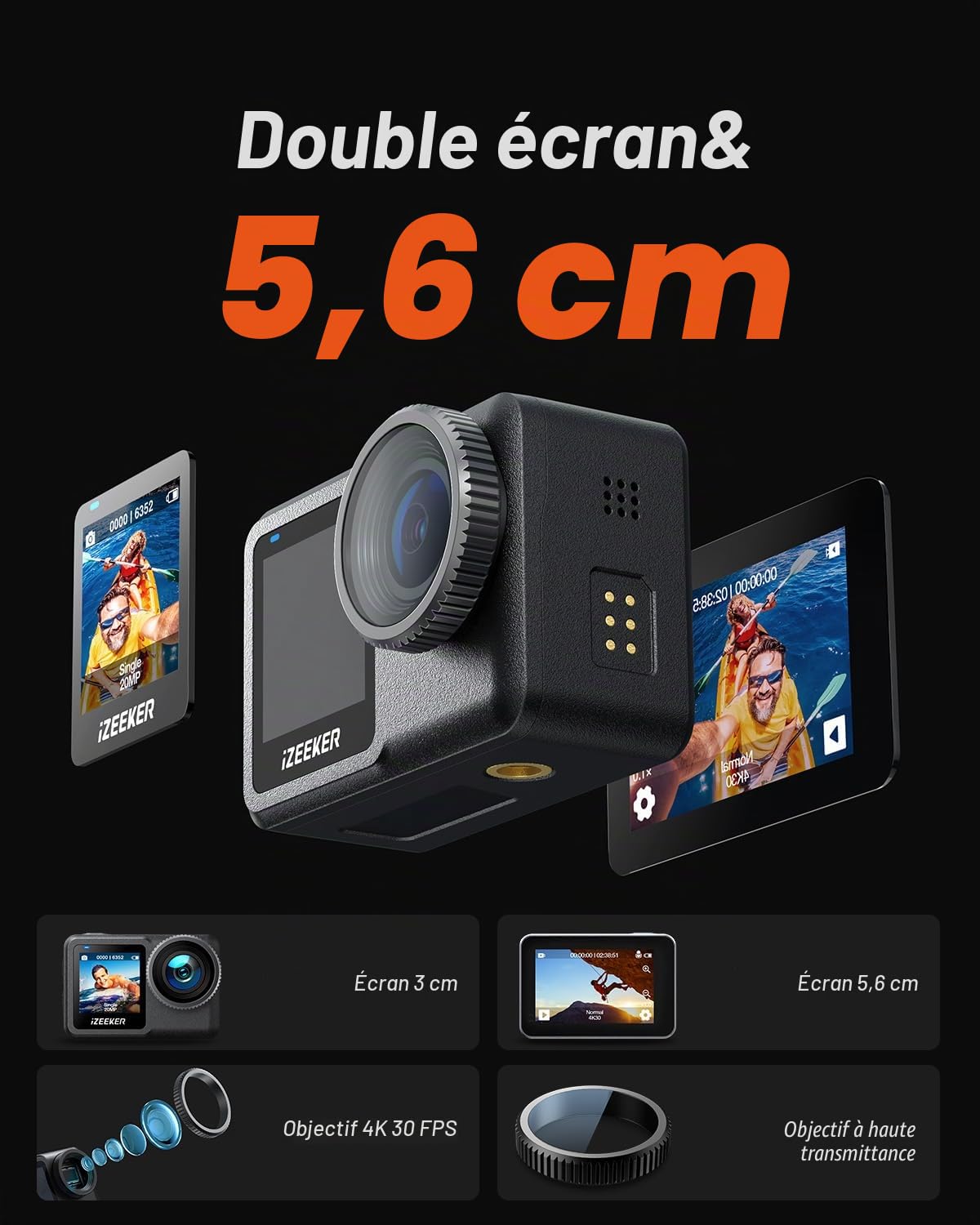 iZEEKER Camera Sport 4K 20MP, 40M Caméra sous-Marine, 12M Étanche(No Protection), 2,2 Pouces Écran Tactile, Double Écran, EIS, 5G WiFi, Batterie Intégrée de 1600mAh et 64 GB de Stockage, Accessories