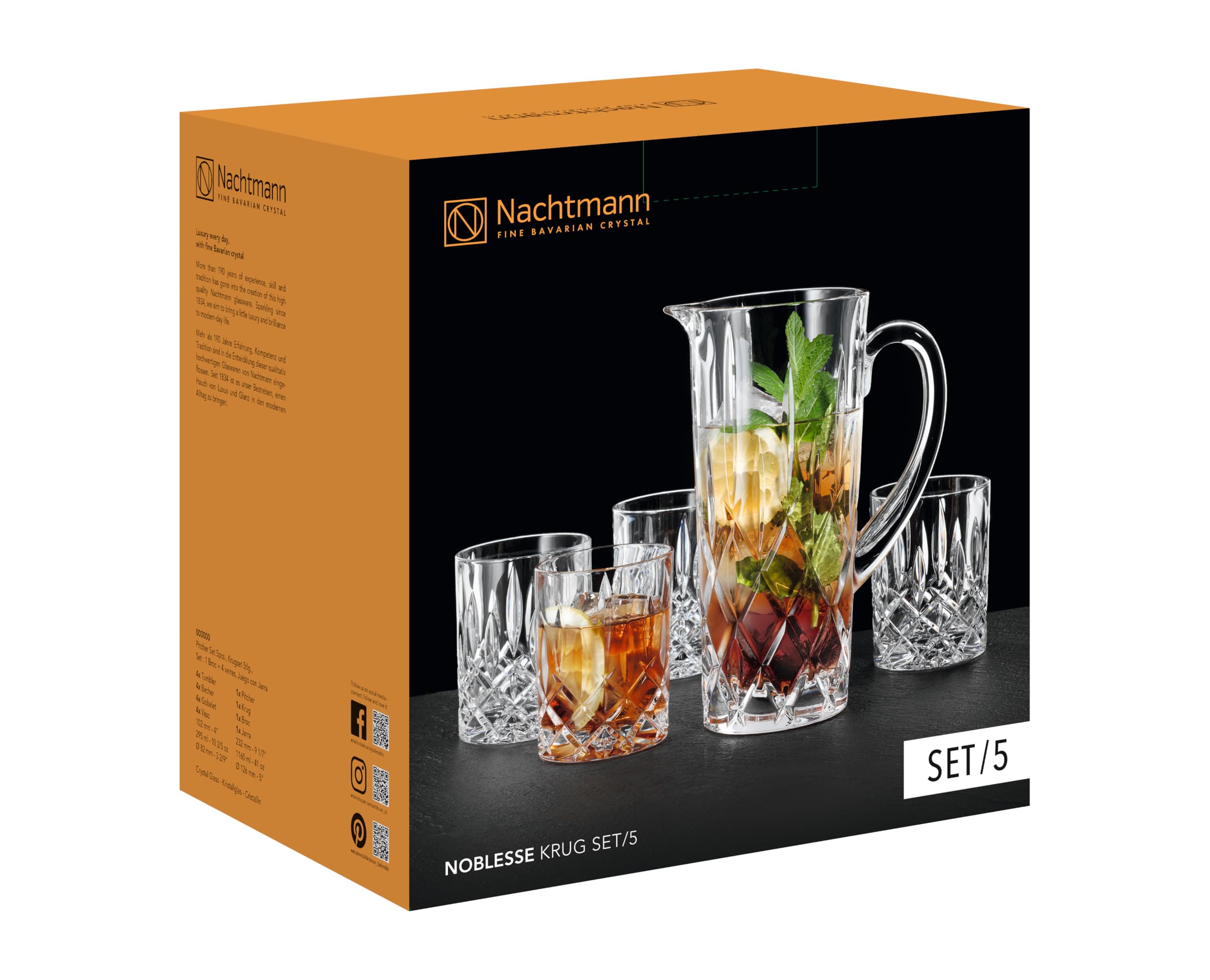 Nachtmann Krugset Noblesse 4 Whiskybecher,1 Krug, 105895, Kristallglas, 5-teiliges Set