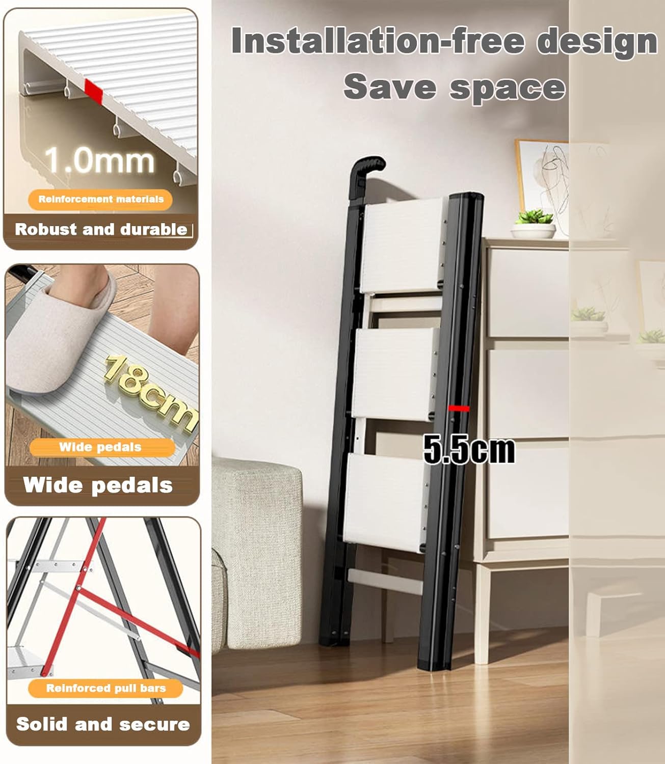 Telescopic Handrail Folding Step Ladder Thickened Aluminum Alloy Non-Slip Reinforced Safety Tread Thick Material Extrusion Process Step Stool Non-Slip Open That is Car Paint Process
