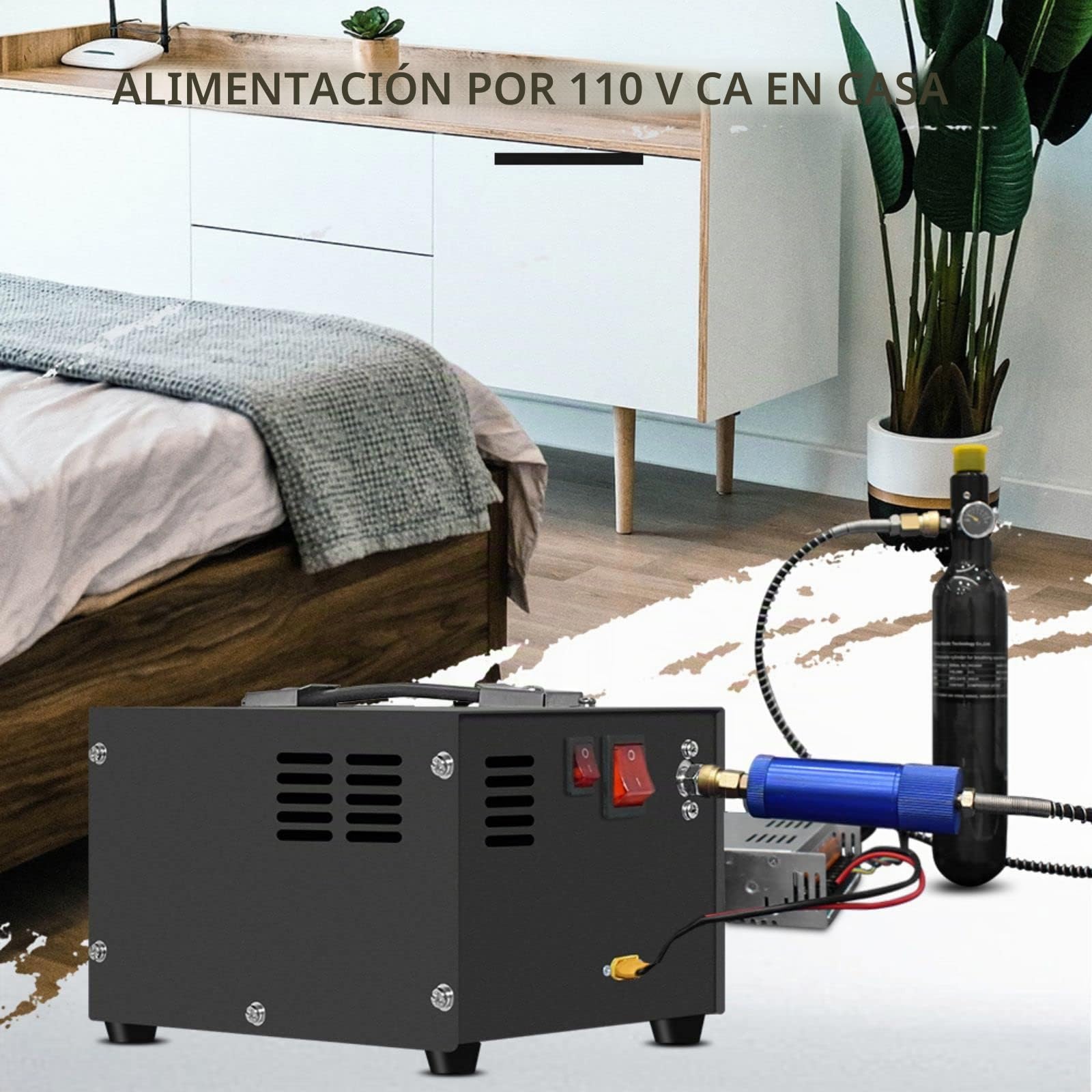 Compresor de aire TUXING Pcp, 4500 Psi 30 Mpa, sin aceite/agua, alimentado por coche 12 V CC o hogar 110 V CA con adaptador (incluido), bomba para rifles de aire PCP y pistolas de aire (TXES061)