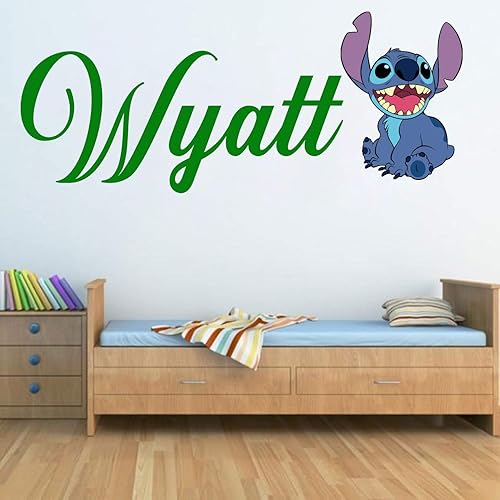 Stich - Calcomanía de vinilo con nombre personalizado para guardería, múltiples opciones de fuente, decoración personalizada de habitación de niños,