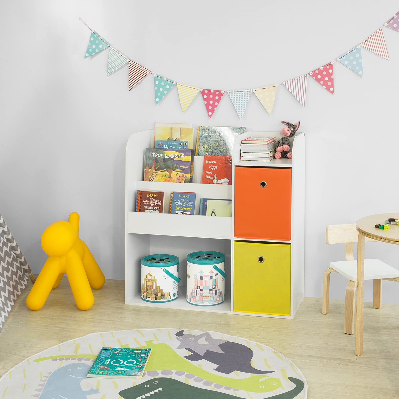 SoBuy KMB37-W Étagère de Rangement pour Livres et Jouets Enfant Bibliothèque Étagère à Livres Meuble de Rangement Multifonctionnel avec 2 Paniers