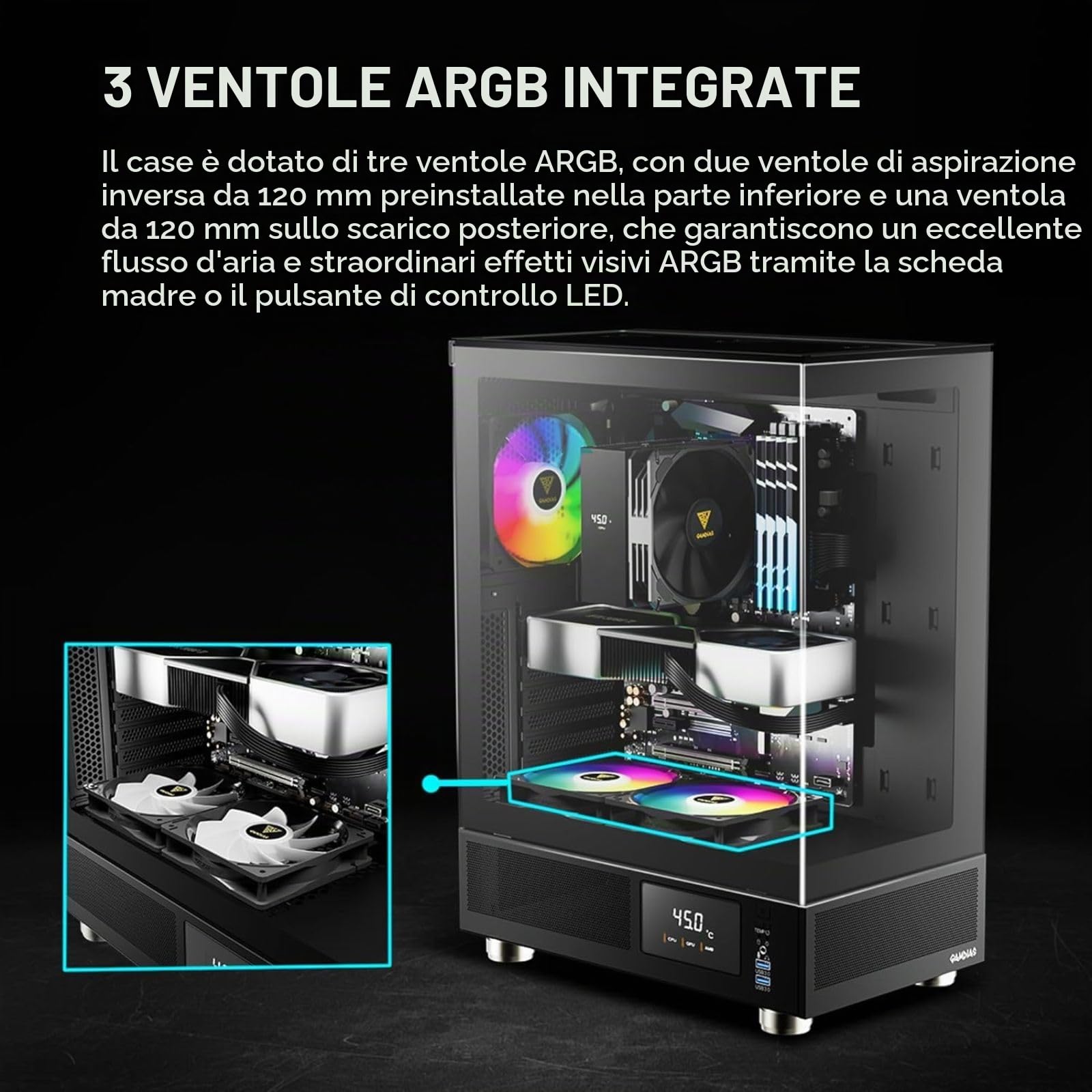 GAMDIAS ATLAS E1 ATX Mid Tower PC Case, monitor in tempo reale, 3 ventole ARGB da 120 mm, vetro temperato senza cuciture, prese d'aria laterali ad alto flusso d'aria, nero