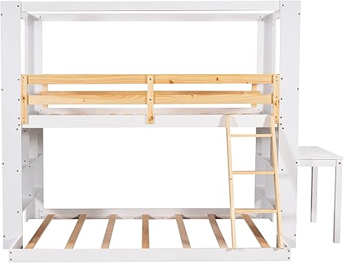 Miniatura 4 de Woanke Litera individual sobre matrimonial con escalera y estantes de almacenamiento de escritorio estructura reforzada marco de cama de madera