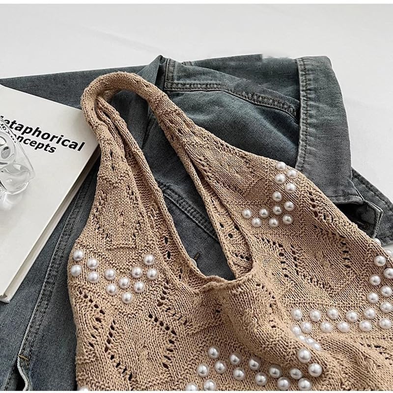 Boho Crochet Beach Tote Shoulder Bag with Colored Beads | Colorful Aesthetic Hippie Knit Bag for Women2