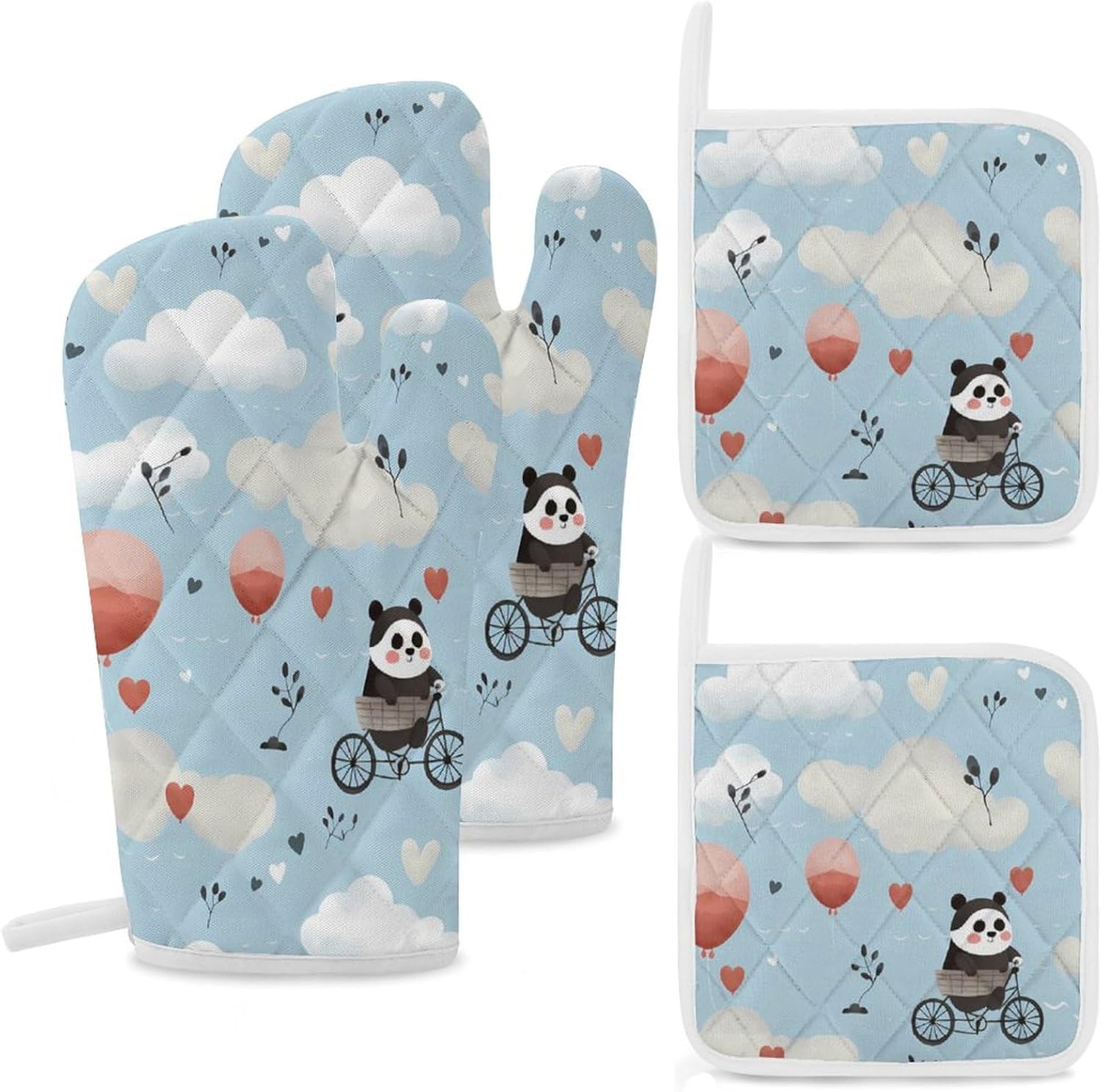 Hot Air Balloon Cute Panda 4 Pcs Oven Mitts and Pot Holders Set High Heat Resistant Long Kitchen Oven Glove Potholders