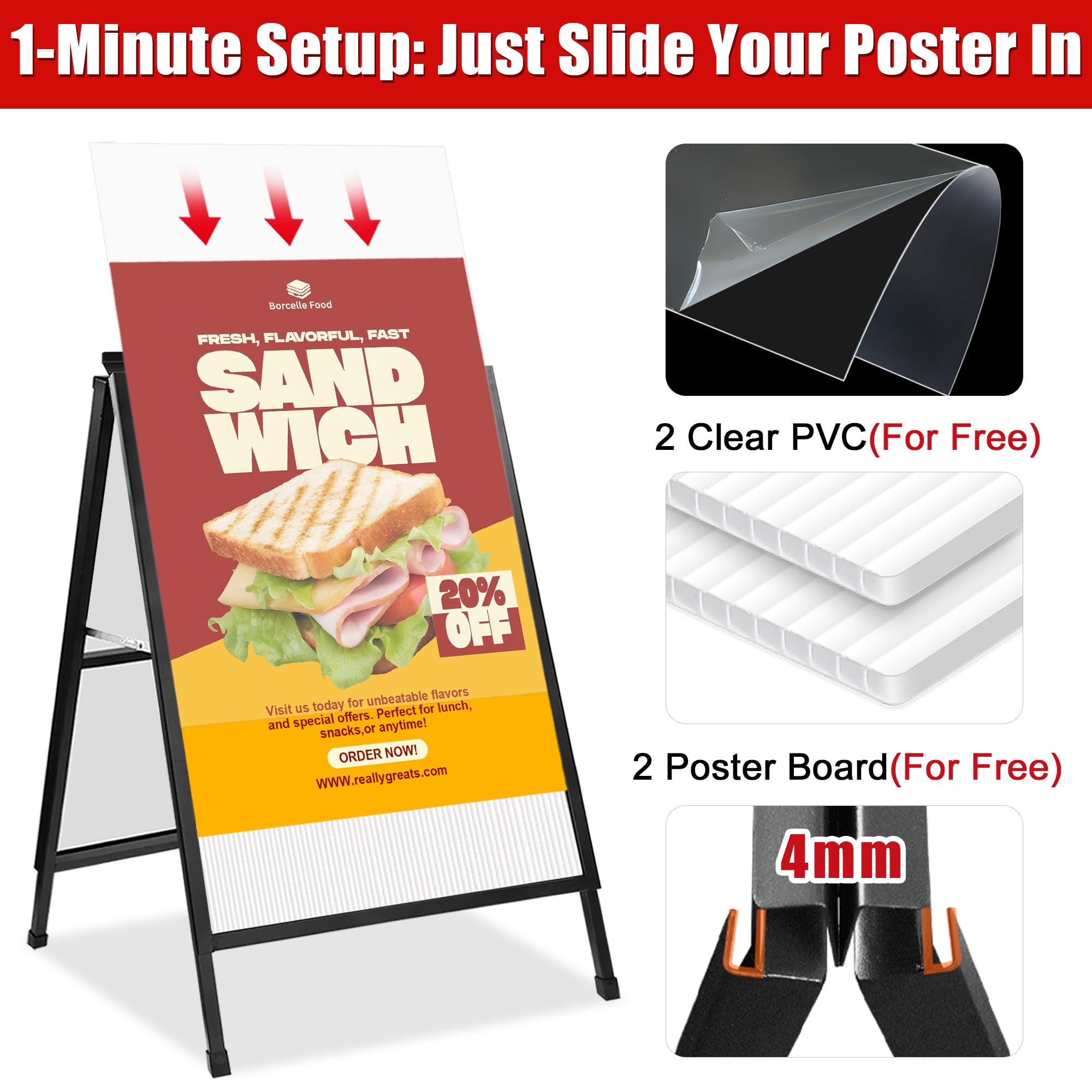 WIIGO - Carteles A1 A para pavimento con marco, doble cara, soporte de exhibición de carteles con 2 cubiertas antirreflejos y tableros corrugados para negocios, restaurantes, publicidad