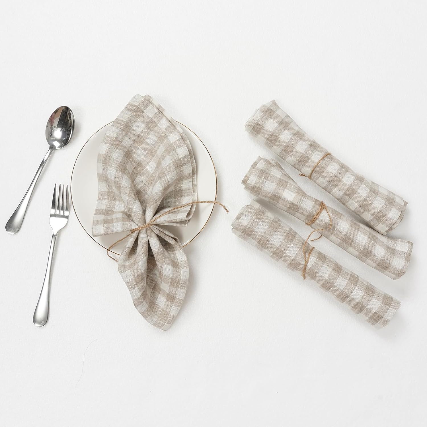 100% Pure Linen Napkins Set of 4 - Check Linen Dinner Napkins Cloth Washable 20 x 20 Inch for Home and Dining Decor,Wedding,Party (Khaki/Medium Check)