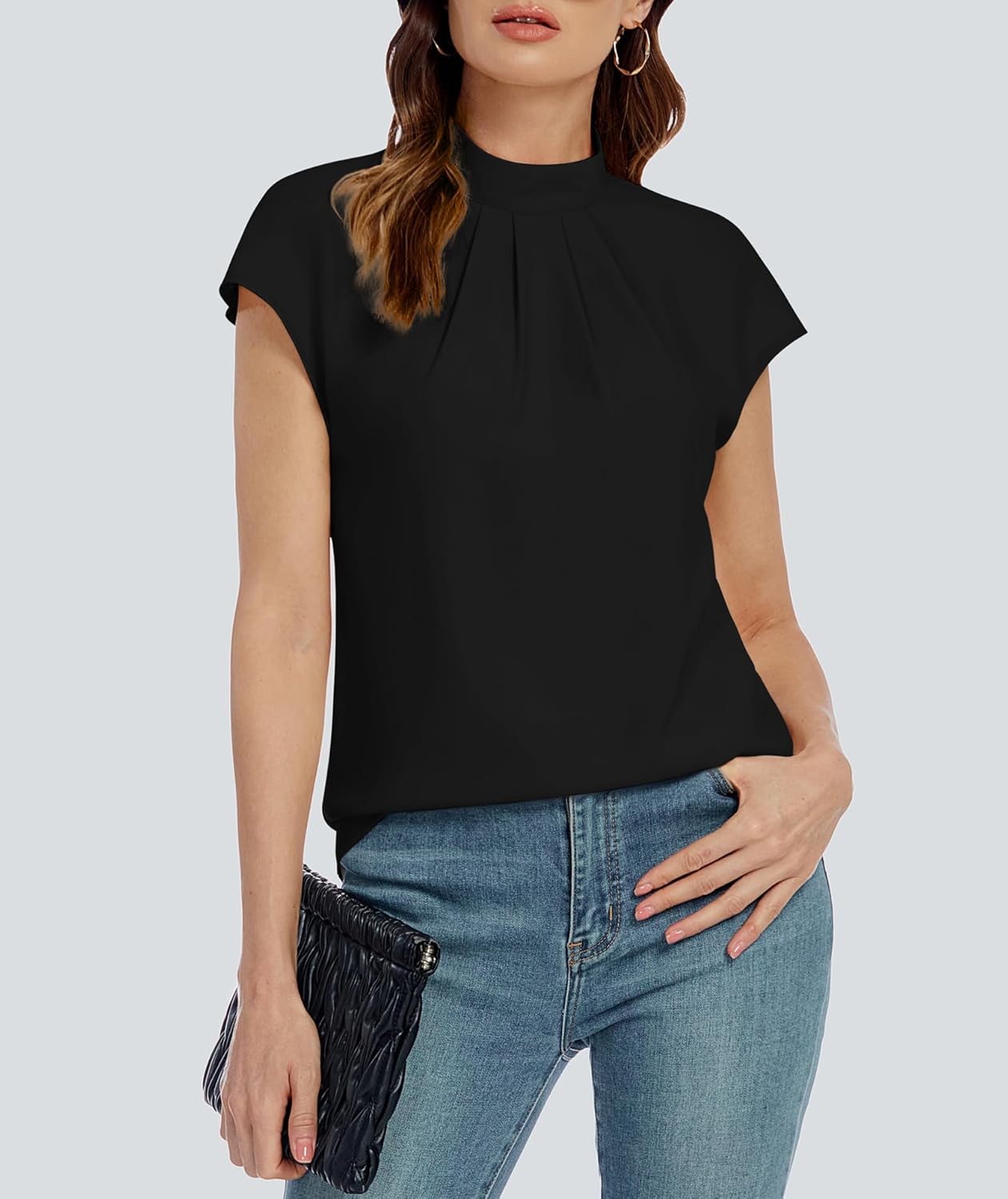 Funlingo Womens Summer Tops Mock Neck Short Cap Sleeve Blouses Business Casual Work Chiffon Shirts Front Pleated Tunic Top - Image 6