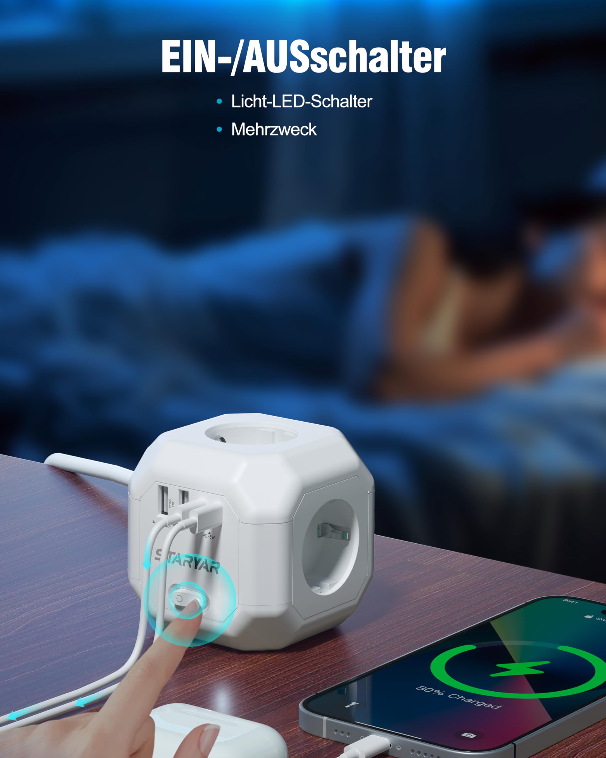 Listwa zasilająca Cube z 4 gniazdami wtykowymi, z gniazdem USB, 4000 W, adapter do gniazd, 2 m, przedłużacz, listwa zasilająca, ochrona przed przepięciem, do biura