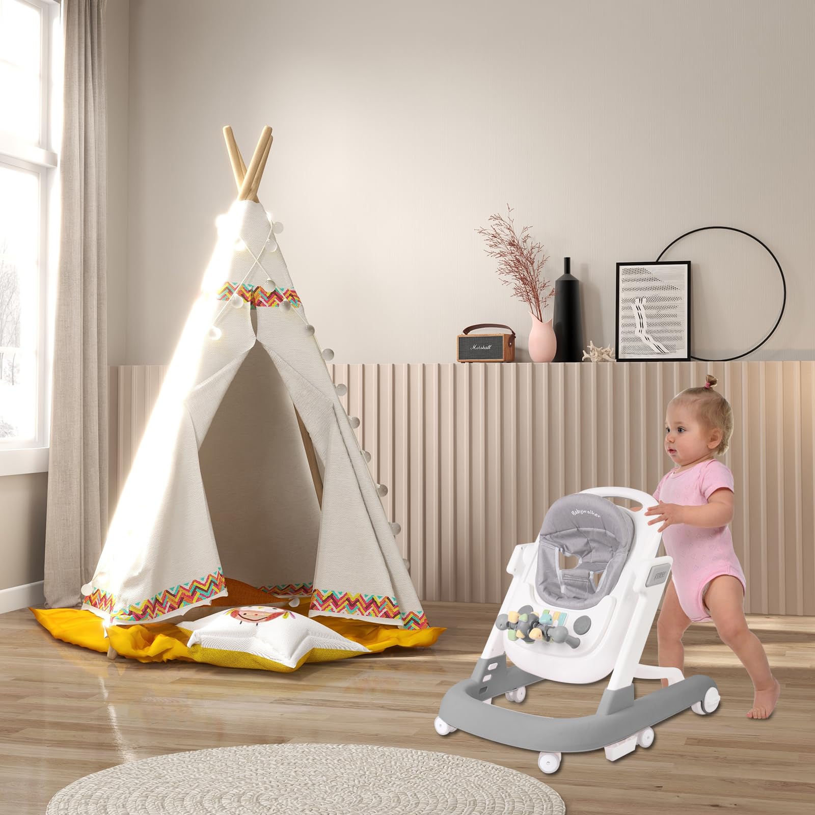 Entwicklungs-Lauflernhilfe, Lauflernwagen mit Aktivitäten, Verstellbar, Verstellbarer Aktivitätsbogen mit Spielzeug Inklusive, für Babys von 6 bis 12 Monaten, 60 * 55 * 70 cm - Grau