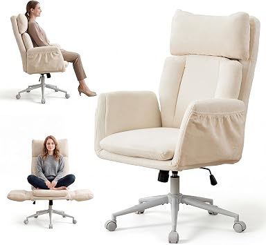 IPKIG Big and Tall Office Chair with Flip Armrests, Cross Legged Office Chair with Wheels, Chenille Executive Chair with Adjustable Lumbar Support, Ergonomic Computer Desk Chair, Beige