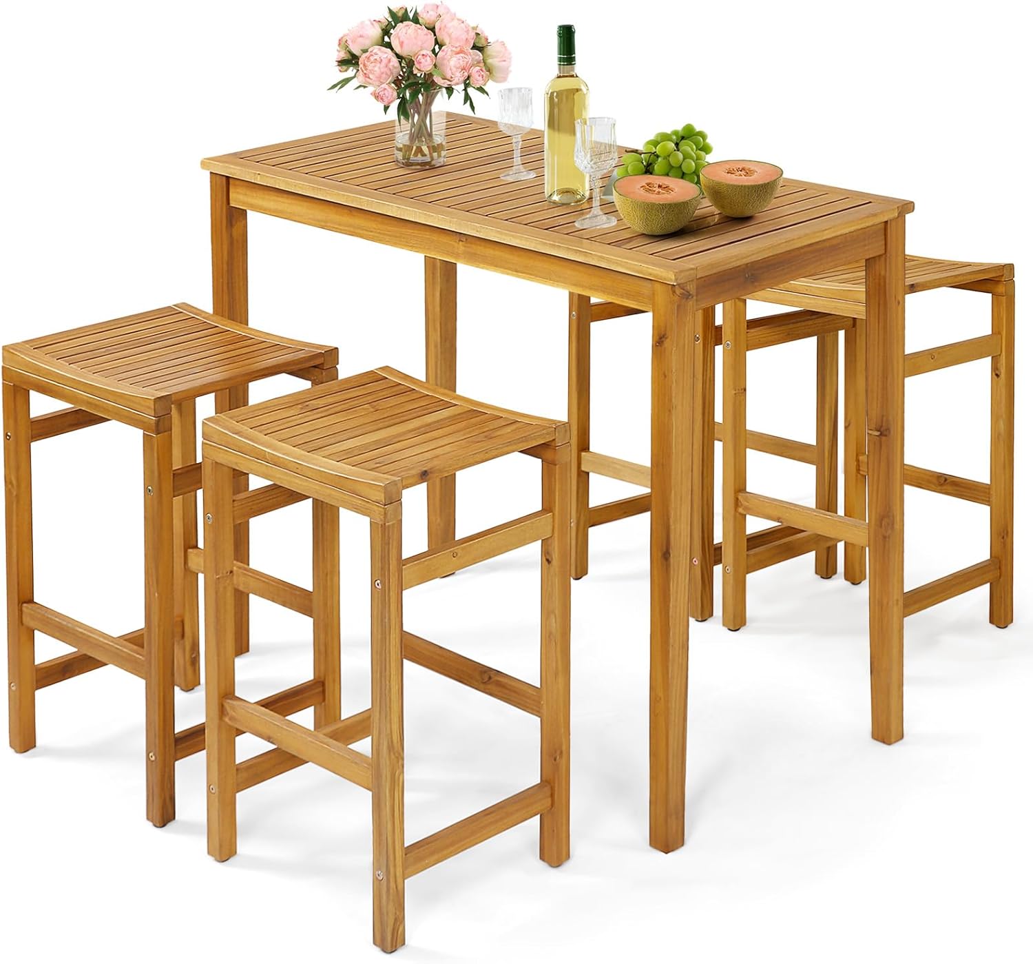 HAPPYGRILL 5 Pieces Acacia Wood Patio Bar Set, Outdoor Bar Height Table and Saddle Stool Chairs Set with Slatted Surface, Patio Dining Bistro Pub Set for Garden, Yard, Poolside