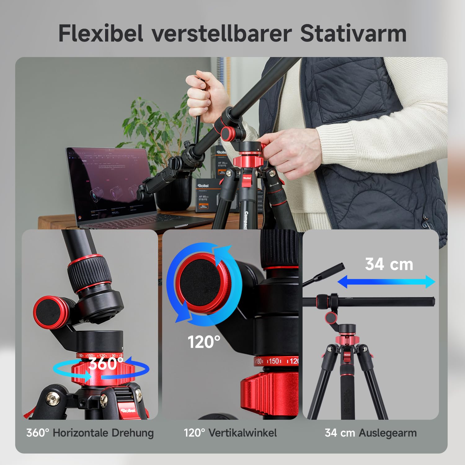 Rollei Compact Traveler No.2 XL Video Stativ Kamera mit Auslegearm 212cm Aluminium Kamerastativ mit Fluidkopf & Einbeinstativ Dreibeinstativ mit Handhalterung, Kamera-Stativ-Camera-Tripod-Fotostativ