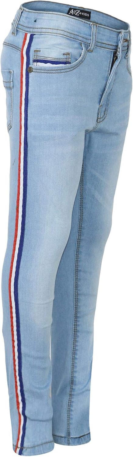 Kids Boys Denim Jeans Contrast Taped Dark Blue Stretchy Pants Trouser 5-13 Years