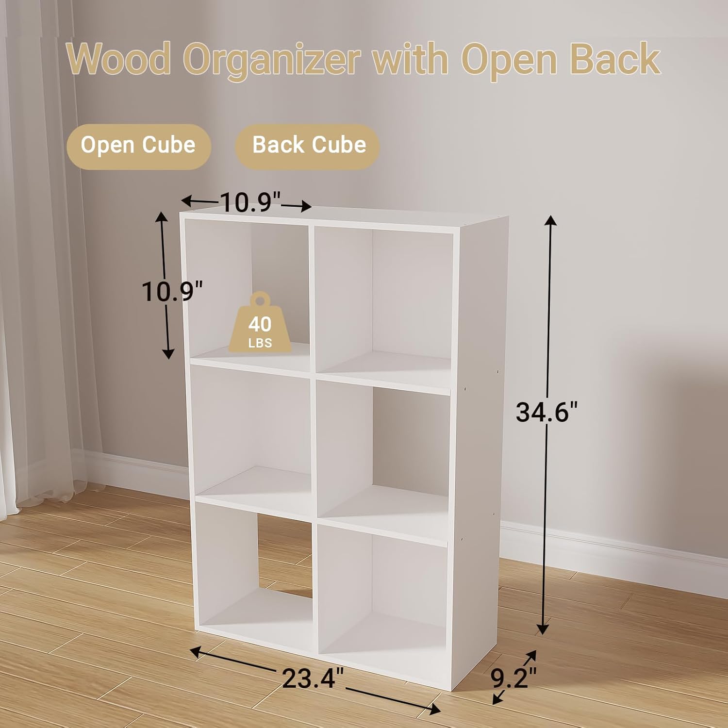 Cube Storage Organizer,Wood Organizer with Open Back,3 Tier Bookcase,Open Bookshelf for Home Office Living Room (White, 6-Cube)
