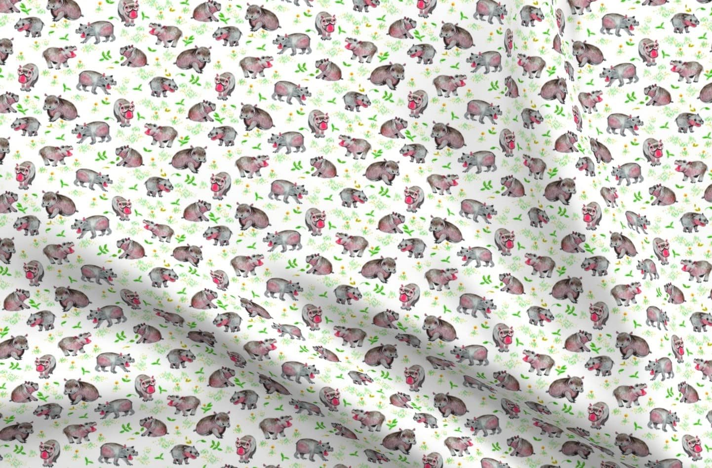 Spoonflower Fabric - Hippopotamus Hippo Cute Small Zoo Printed on Organic Cotton Sateen Fabric by The Yard - Sewing Quilting Apparel Home Decor