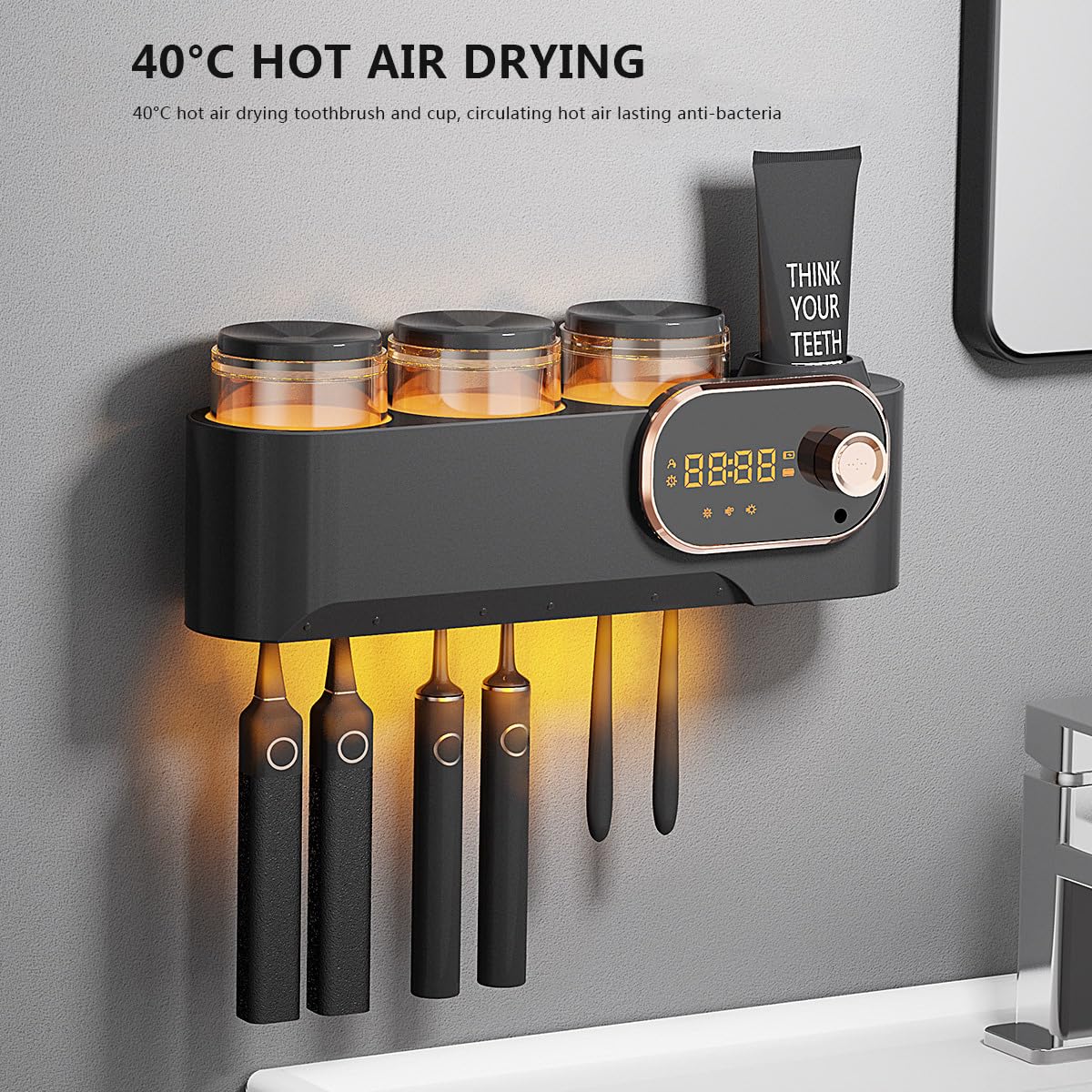 Desinfectante UV para cepillo de dientes y soporte con función de secado, esterilizador de cepillo de dientes eléctrico montado en la pared con función de inducción y temporización, color negro