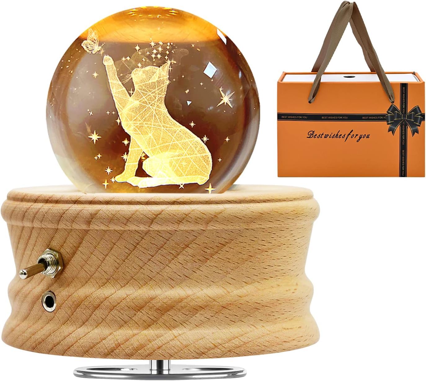 Carillon con Sfera di Cristallo 3D con Gatti,Carillon in Legno Rotante a 360°,Carillon Legno con Luce Regalo Bambini,Donne per Natale Compleanno San Valentino