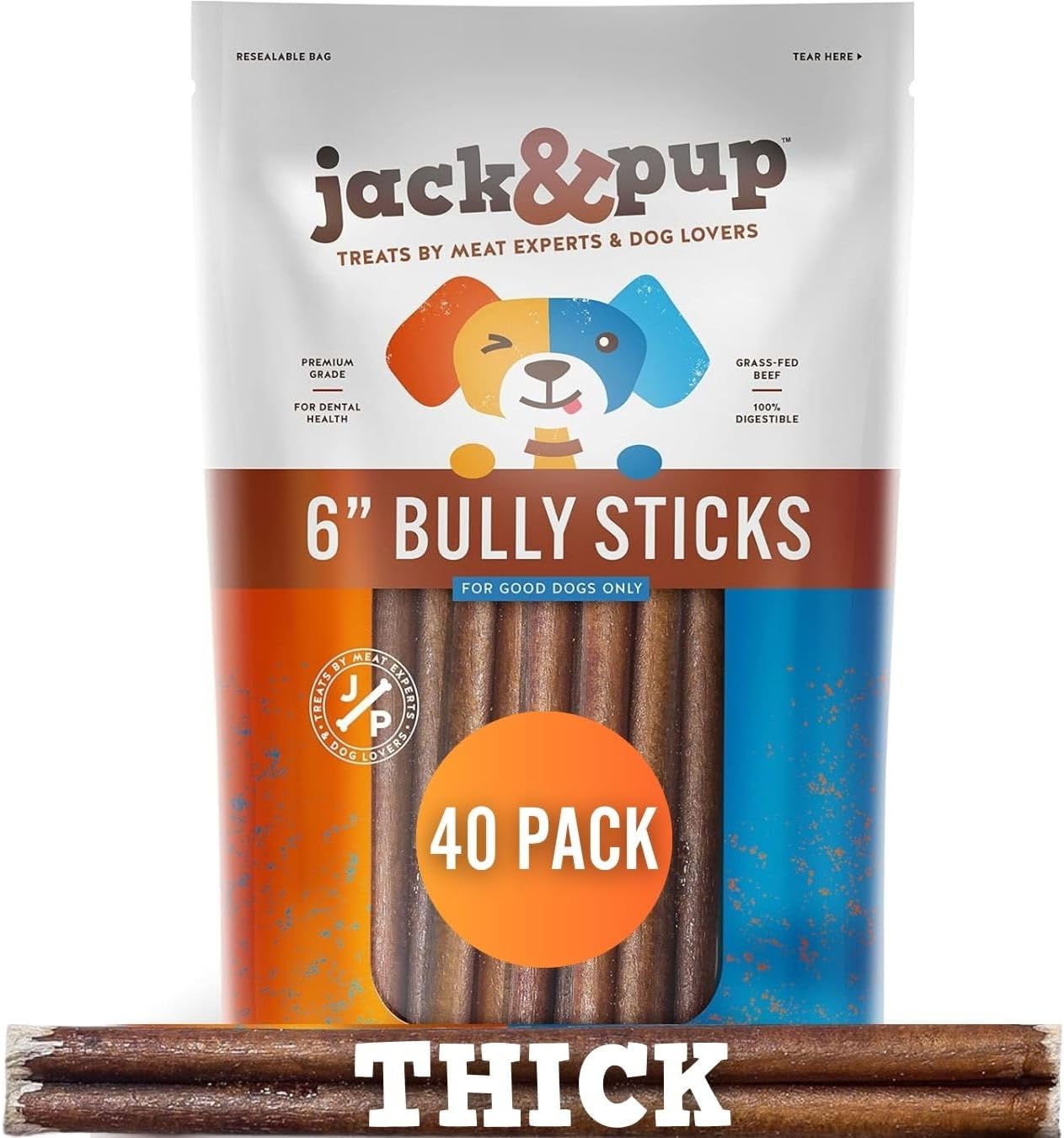 Jack&Pup 6-inch Bully Sticks for Dogs (40 Pack) Thick Pizzle Sticks | Long Lasting, Single Ingredient Chew Treat for Medium Dogs